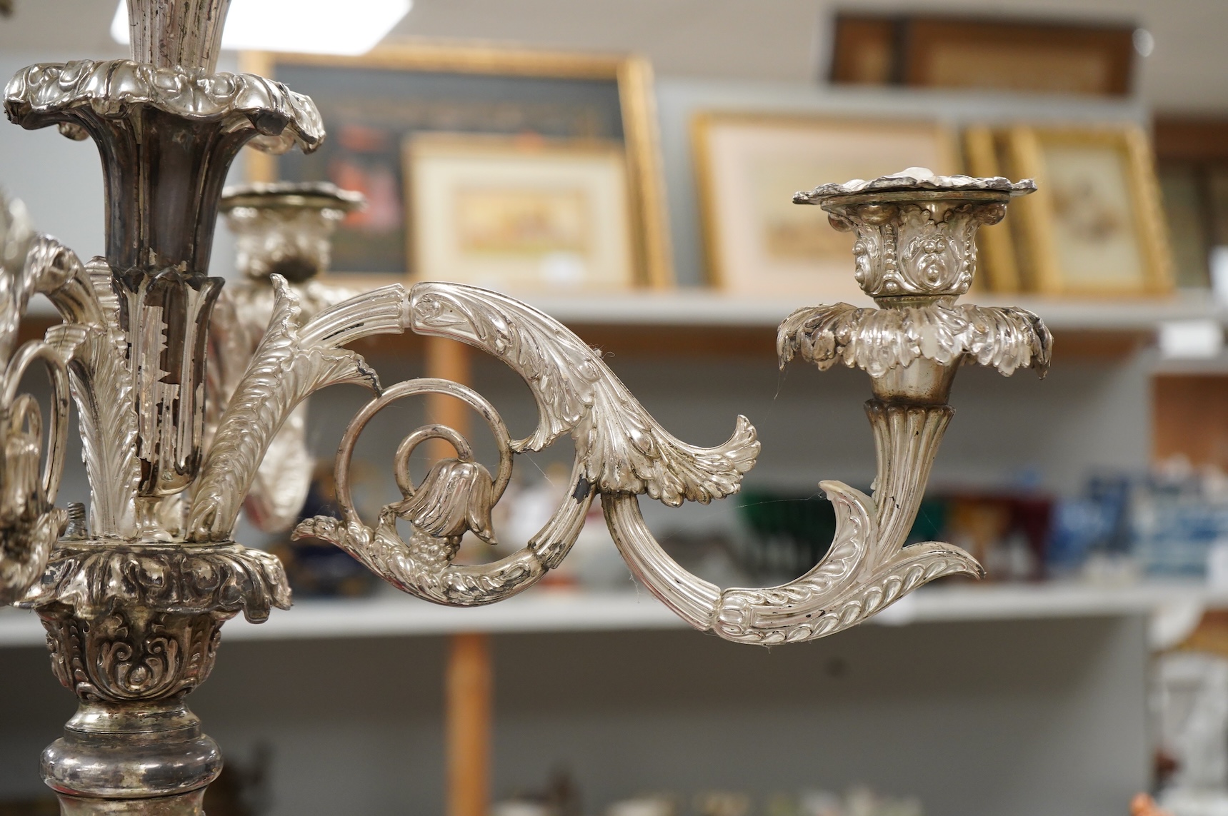 A mid 19th century cast plated four branch, five light candelabrum, 87cm high